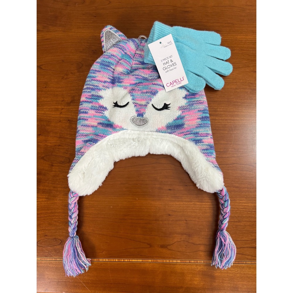 Capelli New York Girls Fox Hat and Gloves Set Pink Blue Faux Fur M/L GK-62072‎